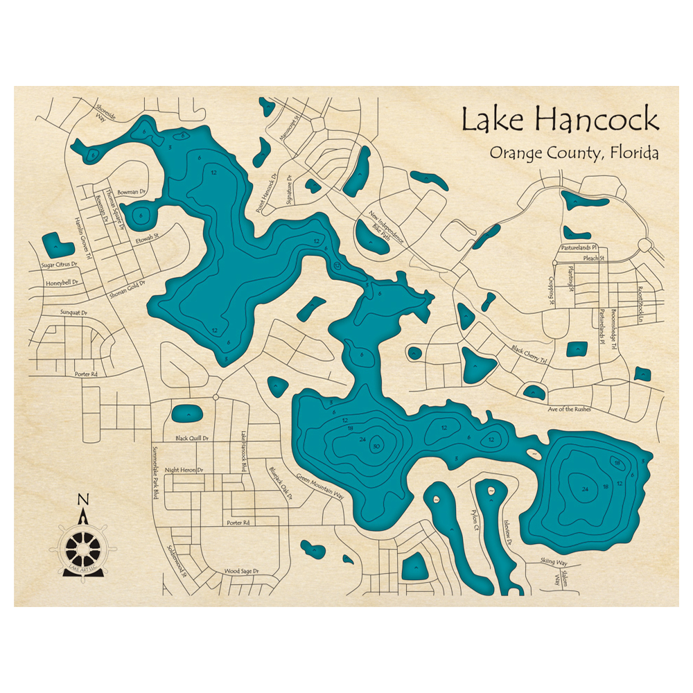 Bathymetric topo map of Lake Hancock, FL with roads, towns and depths noted in blue water.