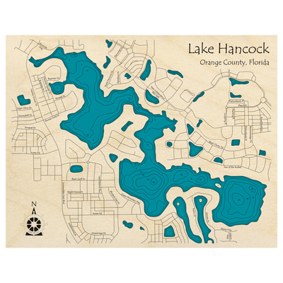 Bathymetric topo map of Lake Hancock, FL with roads, towns and depths noted in blue water.