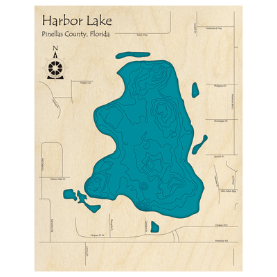 Bathymetric topo map of Harbor Lake, FL with roads, towns and depths noted in blue water.