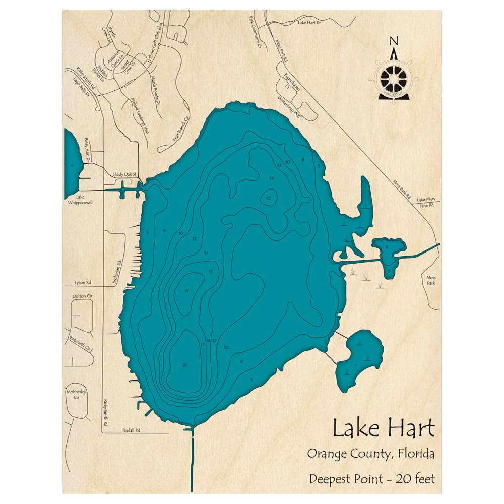 Bathymetric topo map of Lake Hart, FL with roads, towns and depths noted in blue water.