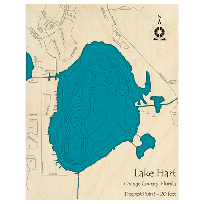 Bathymetric topo map of Lake Hart, FL with roads, towns and depths noted in blue water.