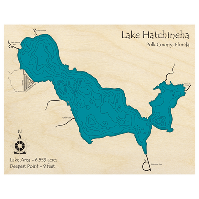 Bathymetric topo map of Lake Hatchineha, FL with roads, towns and depths noted in blue water.