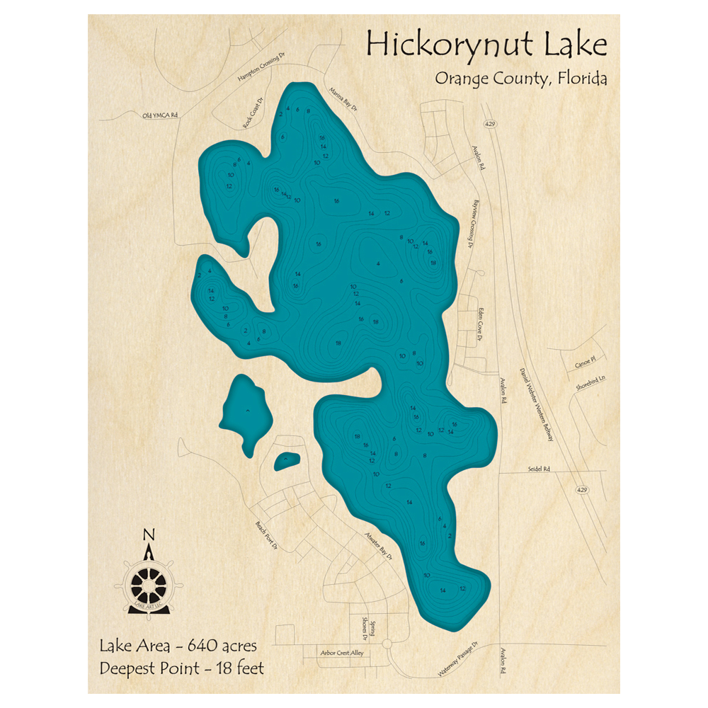 Bathymetric topo map of Hickorynut Lake, FL with roads, towns and depths noted in blue water.