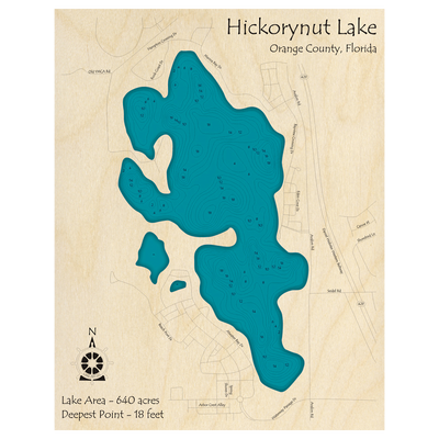 Bathymetric topo map of Hickorynut Lake, FL with roads, towns and depths noted in blue water.