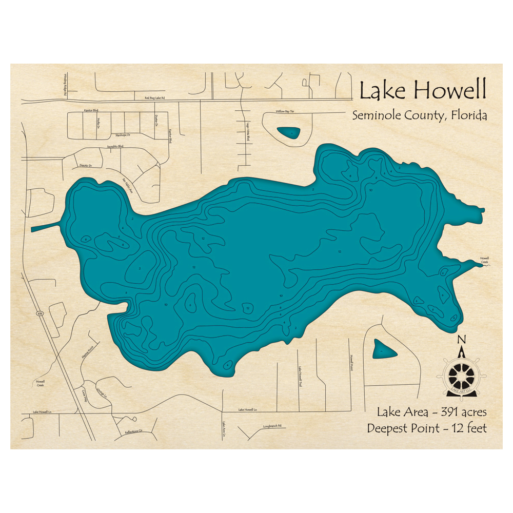 Bathymetric topo map of Lake Howell, FL with roads, towns and depths noted in blue water.
