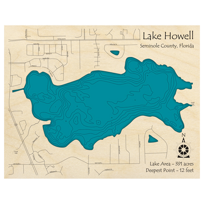Bathymetric topo map of Lake Howell, FL with roads, towns and depths noted in blue water.