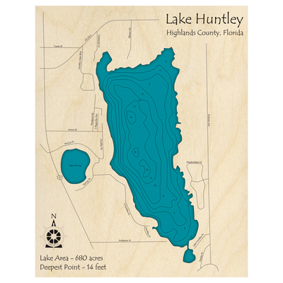 Bathymetric topo map of Lake Huntley, FL with roads, towns and depths noted in blue water.