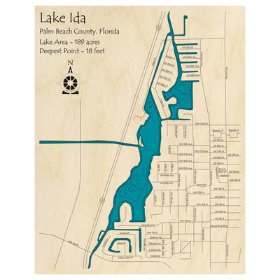 Bathymetric topo map of Lake Ida, FL with roads, towns and depths noted in blue water.