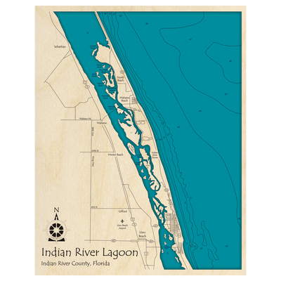 Bathymetric topo map of Indian River Lagoon, FL with roads, towns and depths noted in blue water.