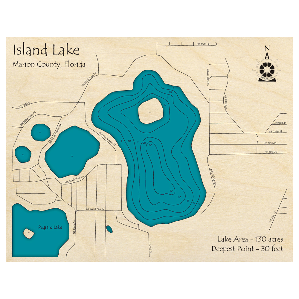 Bathymetric topo map of Island Lake, FL with roads, towns and depths noted in blue water.