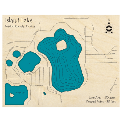 Bathymetric topo map of Island Lake, FL with roads, towns and depths noted in blue water.