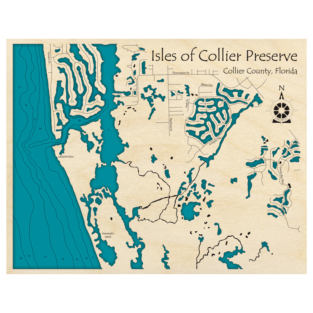Bathymetric topo map of Isles of Collier Preserve, FL with roads, towns and depths noted in blue water.
