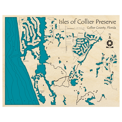 Bathymetric topo map of Isles of Collier Preserve, FL with roads, towns and depths noted in blue water.