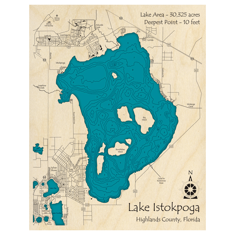 Bathymetric topo map of Lake Istokpoga, FL with roads, towns and depths noted in blue water.