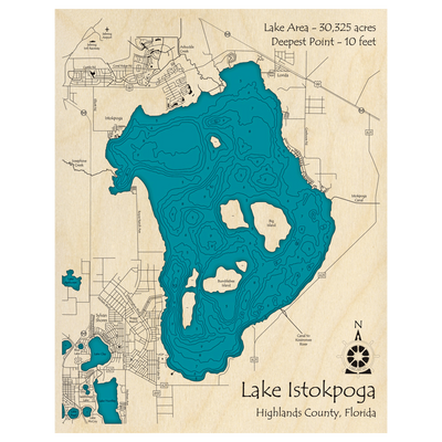 Bathymetric topo map of Lake Istokpoga, FL with roads, towns and depths noted in blue water.