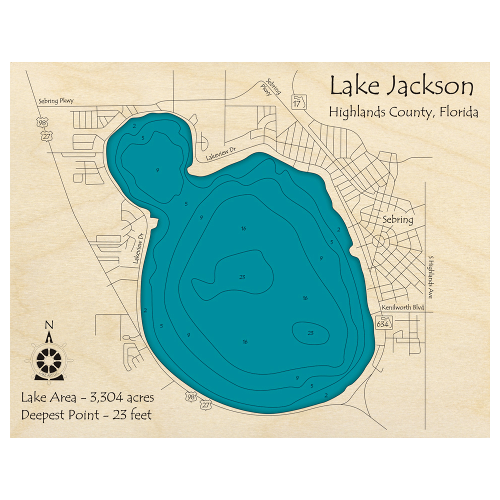 Bathymetric topo map of Lake Jackson, FL with roads, towns and depths noted in blue water.