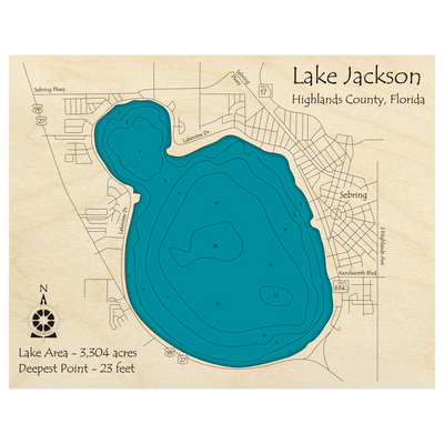 Bathymetric topo map of Lake Jackson, FL with roads, towns and depths noted in blue water.
