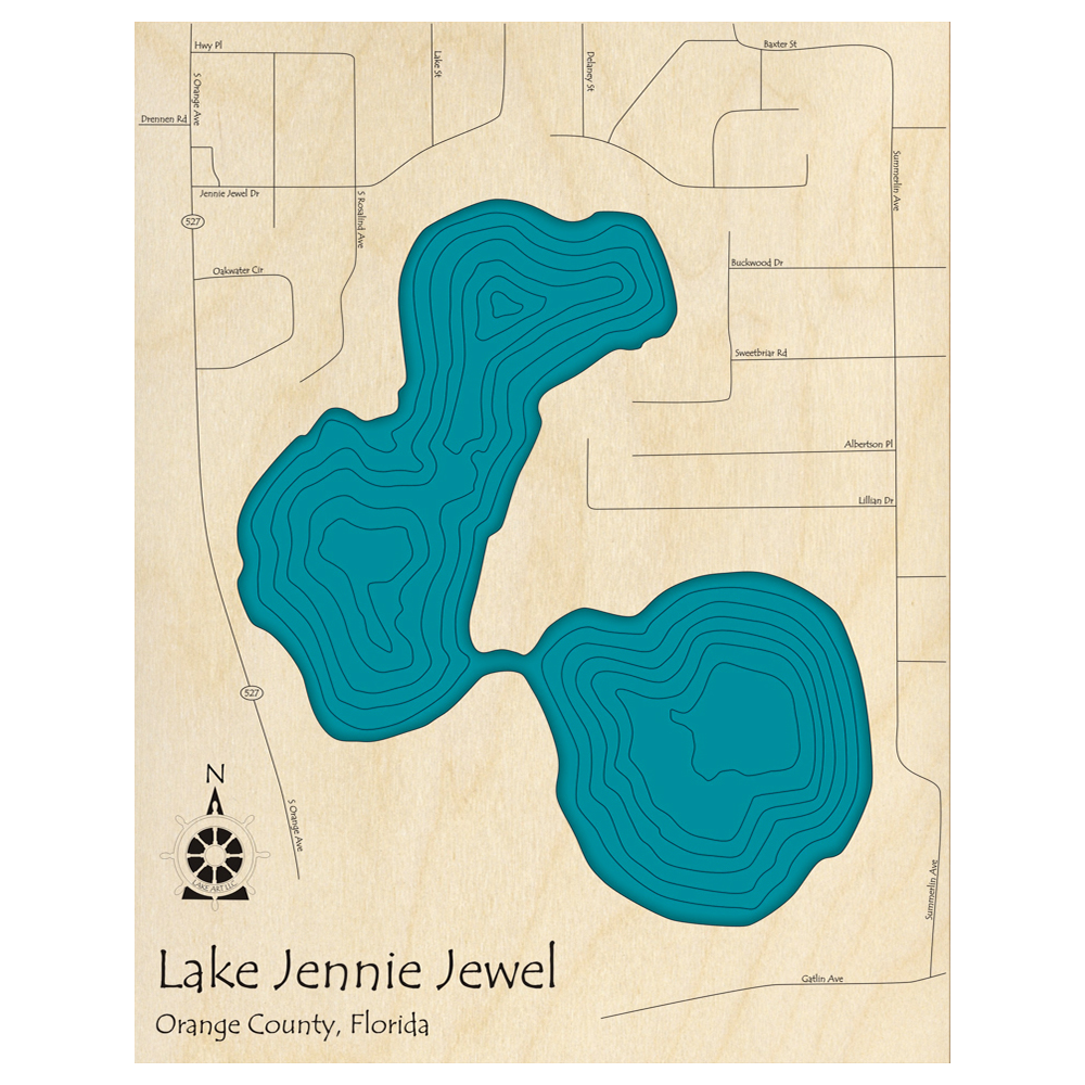 Bathymetric topo map of Lake Jennie Jewel, FL with roads, towns and depths noted in blue water.