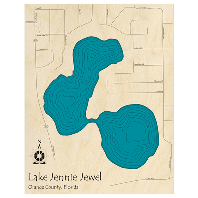 Bathymetric topo map of Lake Jennie Jewel, FL with roads, towns and depths noted in blue water.