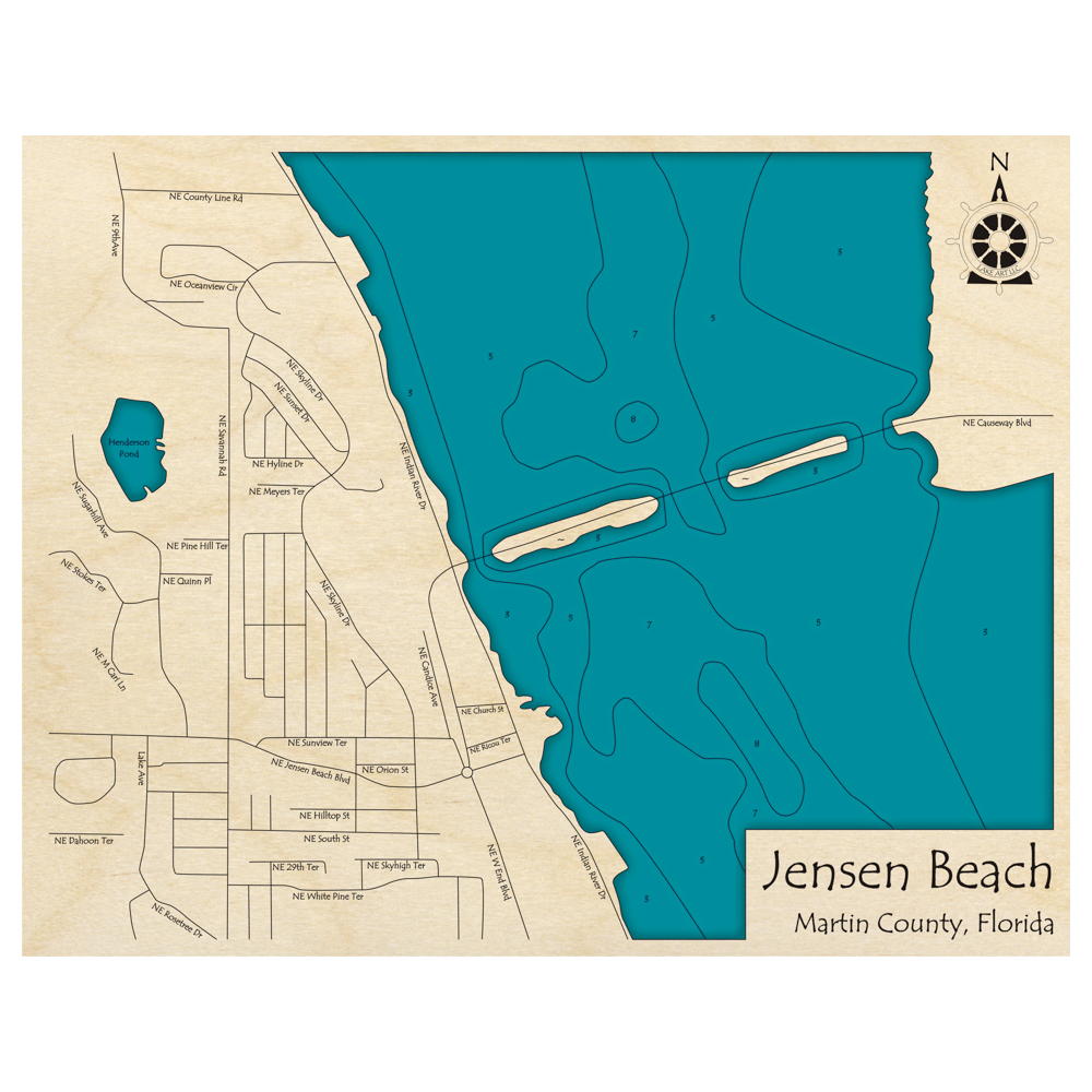 Bathymetric topo map of Jensen Beach, FL with roads, towns and depths noted in blue water.