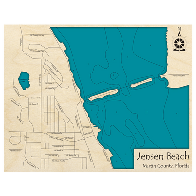 Bathymetric topo map of Jensen Beach, FL with roads, towns and depths noted in blue water.