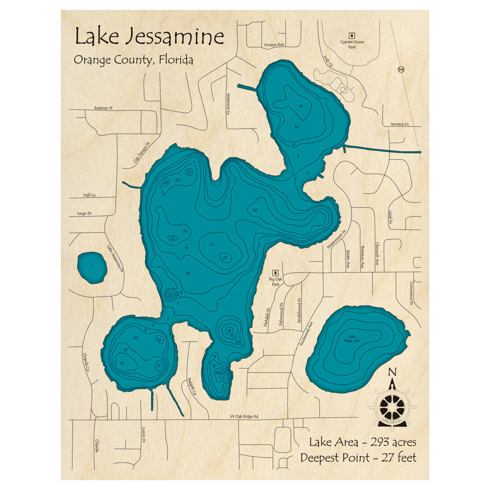 Bathymetric topo map of Lake Jessamine, FL with roads, towns and depths noted in blue water.