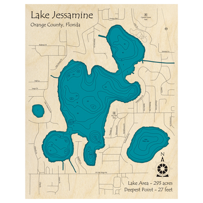 Bathymetric topo map of Lake Jessamine, FL with roads, towns and depths noted in blue water.