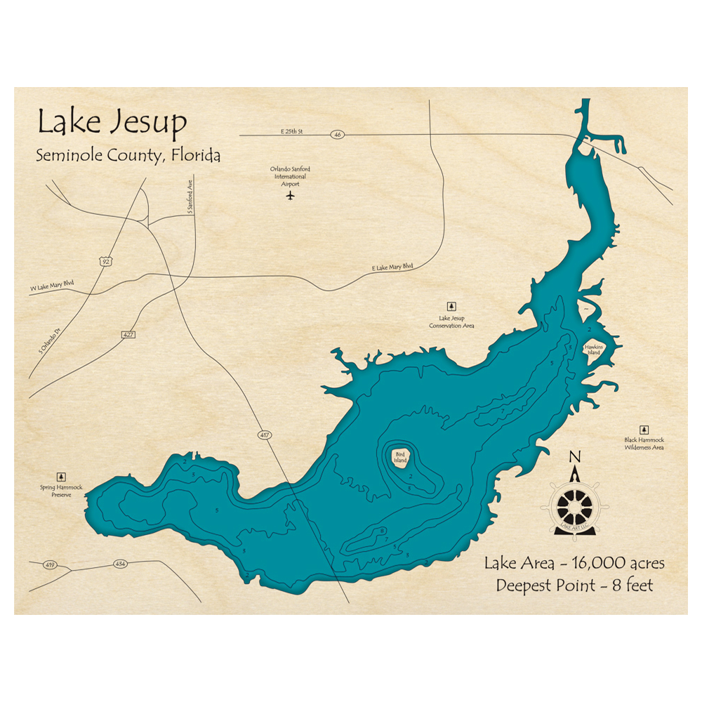 Bathymetric topo map of Lake Jesup, FL with roads, towns and depths noted in blue water.