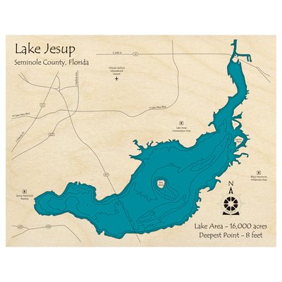 Bathymetric topo map of Lake Jesup, FL with roads, towns and depths noted in blue water.