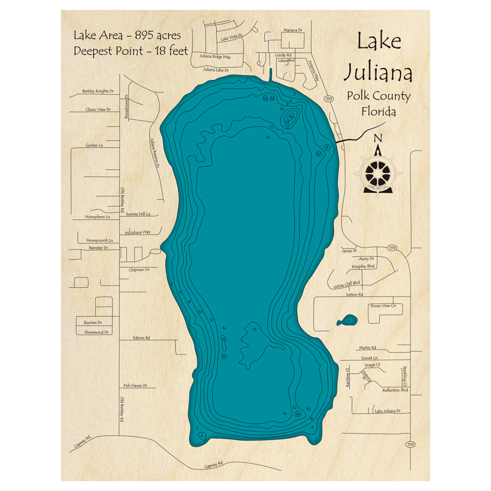 Bathymetric topo map of Lake Juliana, FL with roads, towns and depths noted in blue water.