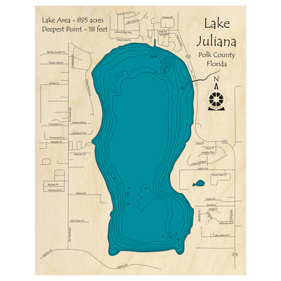 Bathymetric topo map of Lake Juliana, FL with roads, towns and depths noted in blue water.