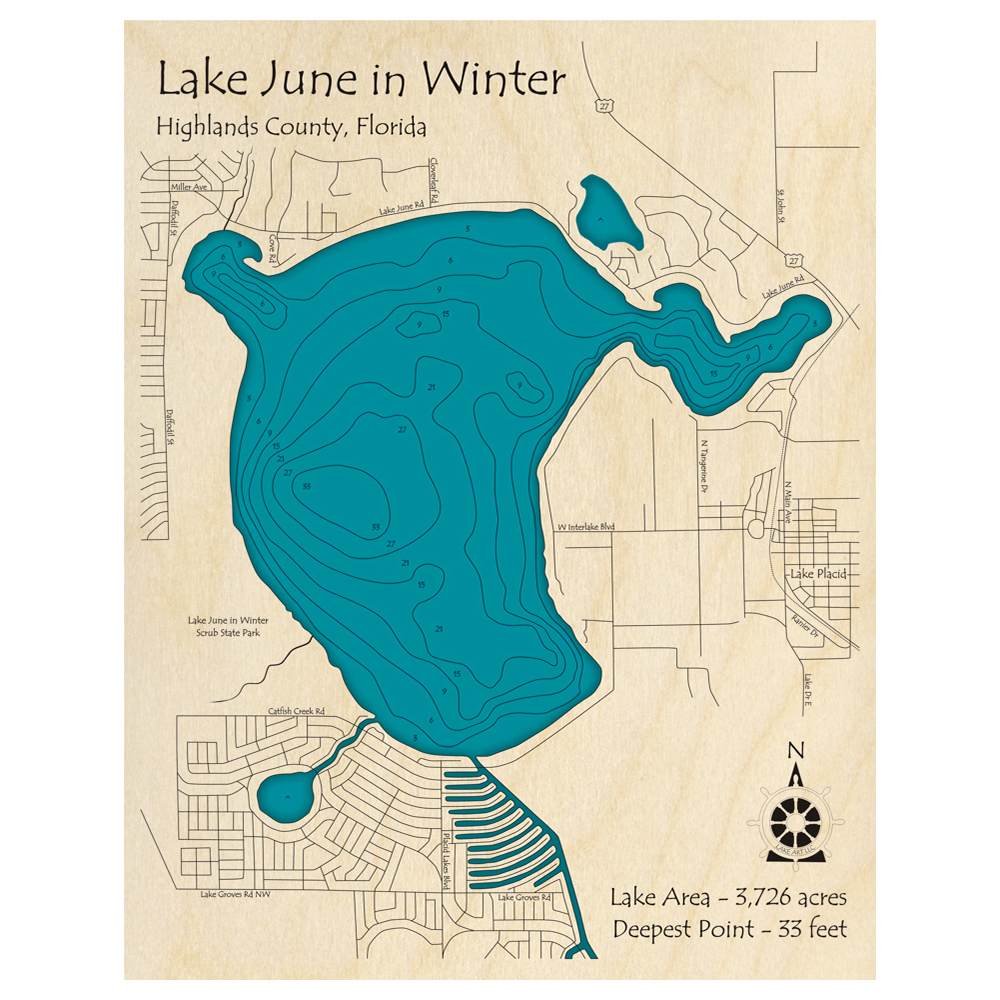 Bathymetric topo map of Lake June in Winter, FL with roads, towns and depths noted in blue water.