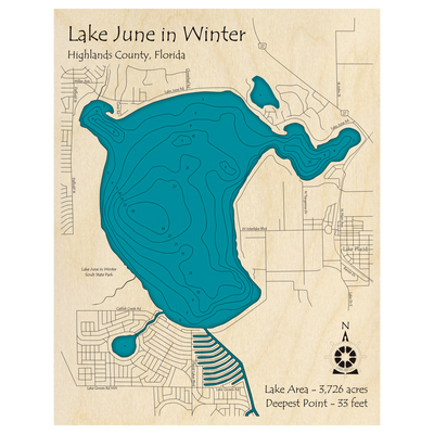 Bathymetric topo map of Lake June in Winter, FL with roads, towns and depths noted in blue water.