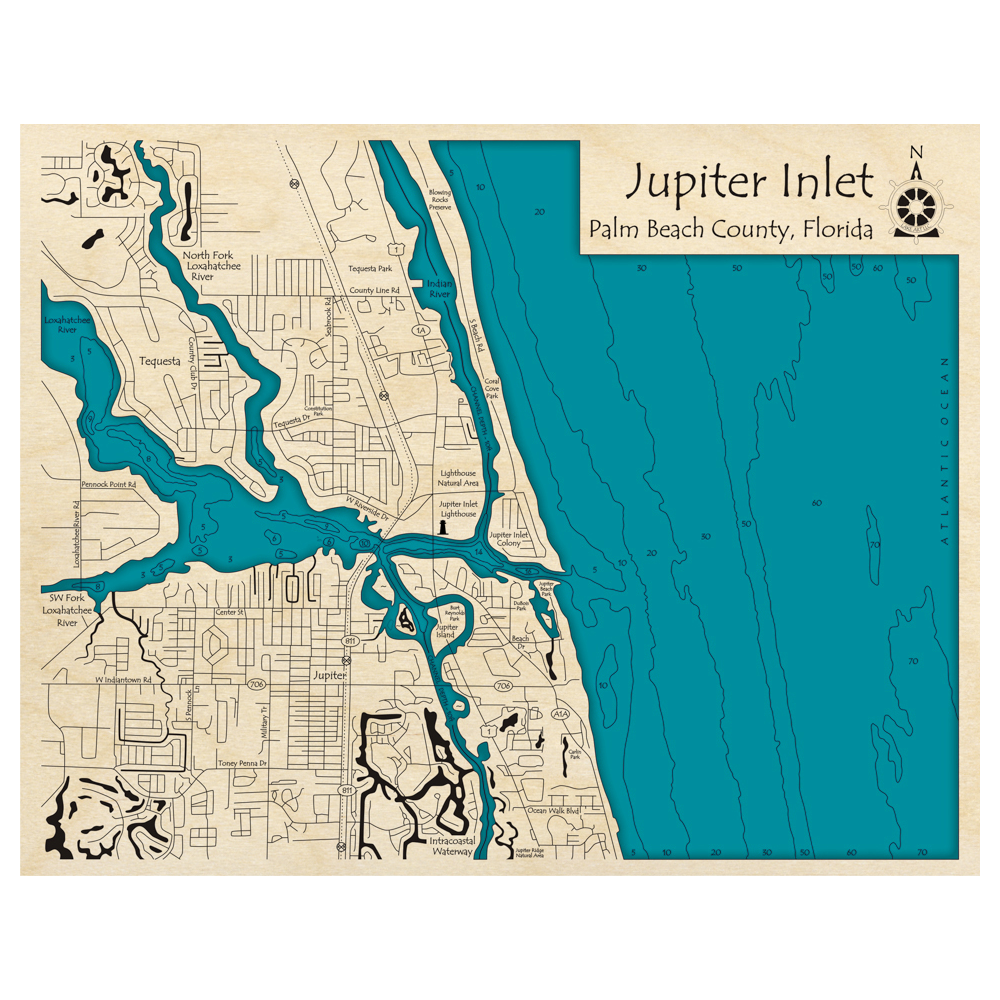 Bathymetric topo map of Jupiter Inlet, FL with roads, towns and depths noted in blue water.