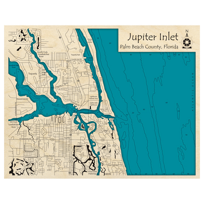 Bathymetric topo map of Jupiter Inlet, FL with roads, towns and depths noted in blue water.