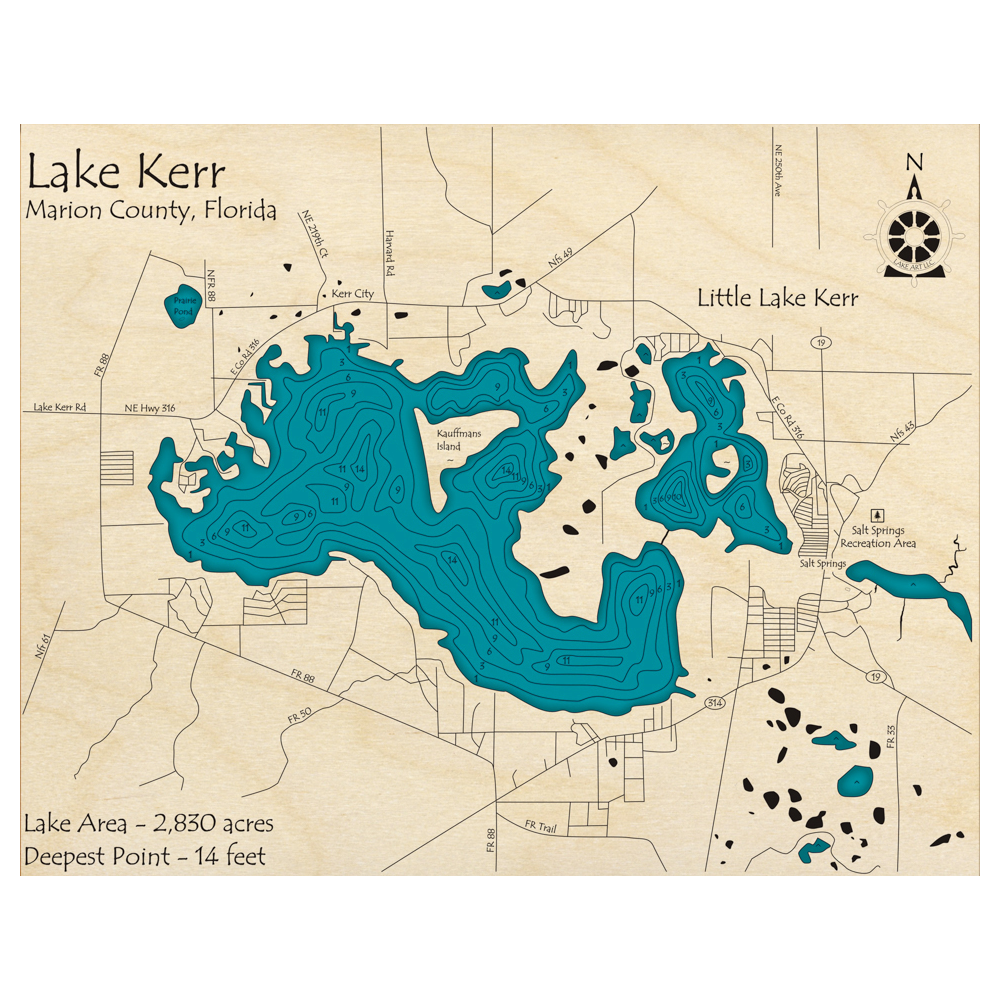 Bathymetric topo map of Lake Kerr and Little Lake Kerr, FL with roads, towns and depths noted in blue water.