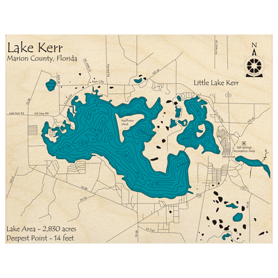 Bathymetric topo map of Lake Kerr and Little Lake Kerr, FL with roads, towns and depths noted in blue water.