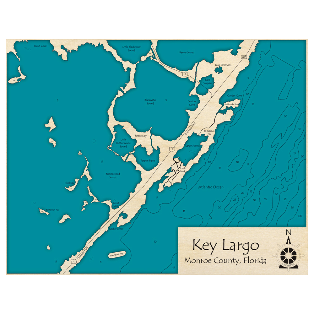 Bathymetric topo map of Key Largo, FL with roads, towns and depths noted in blue water.