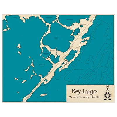 Bathymetric topo map of Key Largo, FL with roads, towns and depths noted in blue water.