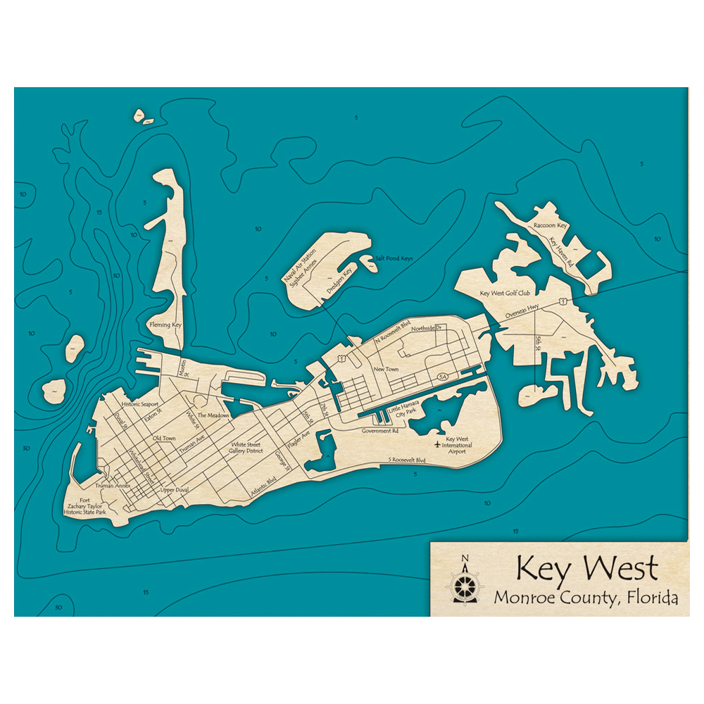 Bathymetric topo map of Key West, FL with roads, towns and depths noted in blue water.