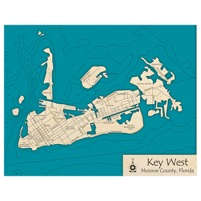 Bathymetric topo map of Key West, FL with roads, towns and depths noted in blue water.