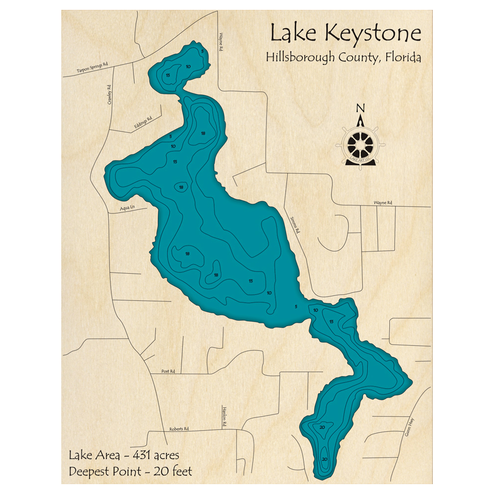 Bathymetric topo map of Keystone Lake, FL with roads, towns and depths noted in blue water.