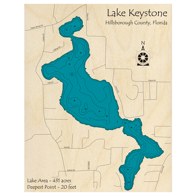 Bathymetric topo map of Keystone Lake, FL with roads, towns and depths noted in blue water.