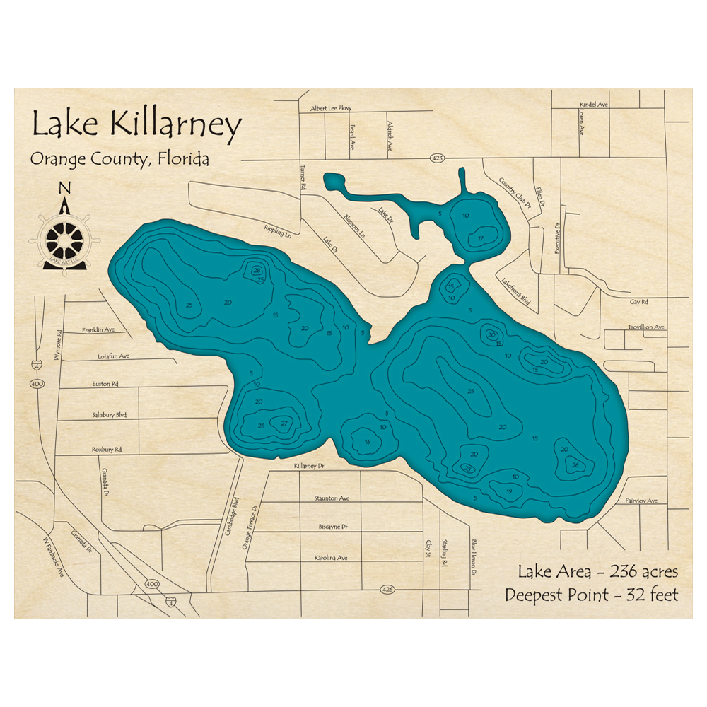 Bathymetric topo map of Lake Killarney, FL with roads, towns and depths noted in blue water.