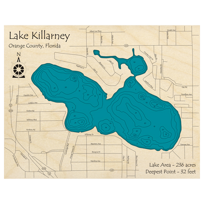 Bathymetric topo map of Lake Killarney, FL with roads, towns and depths noted in blue water.