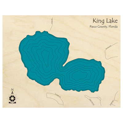 Bathymetric topo map of King Lake, FL with roads, towns and depths noted in blue water.