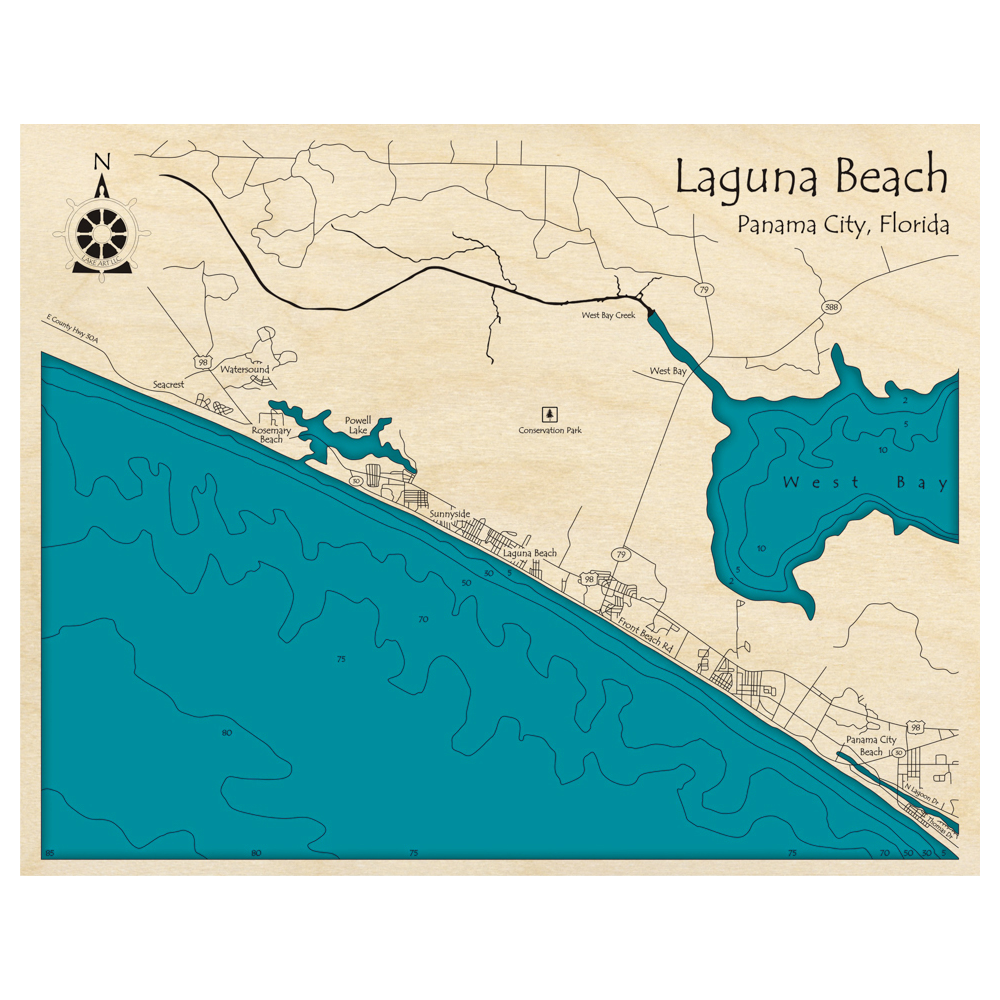 Bathymetric topo map of Laguna Beach of Panama City, FL with roads, towns and depths noted in blue water.