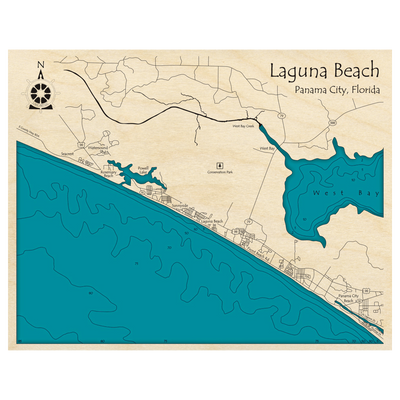 Bathymetric topo map of Laguna Beach of Panama City, FL with roads, towns and depths noted in blue water.