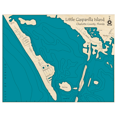 Bathymetric topo map of Little Gasparilla Island, FL with roads, towns and depths noted in blue water.