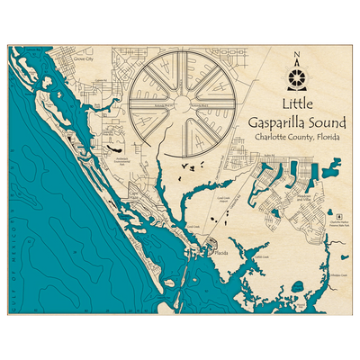 Bathymetric topo map of Little Gasparilla Sound, FL with roads, towns and depths noted in blue water.